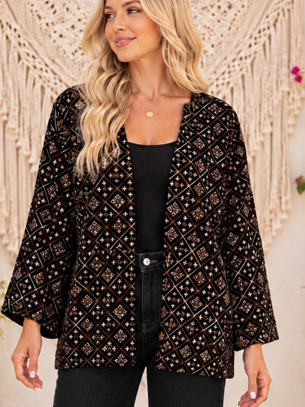 NWT Rhea Black Velvet Open-Front Jacket with Geometric Emboidery & Sequins